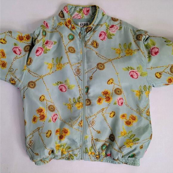 Vtg 90s Avon Style Floral Chain Print Silk Track Jacket Windbreaker Pastel Retro - Picture 4 of 14